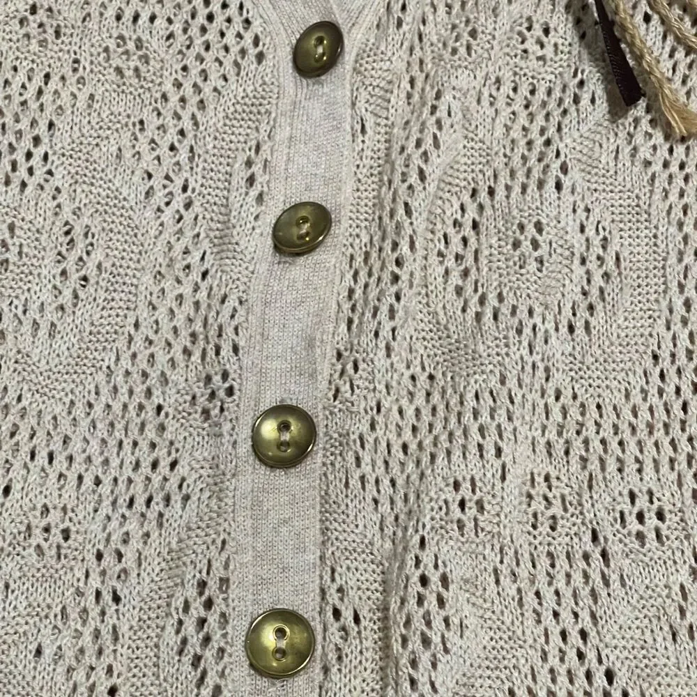 Duster Cardigan Sweater Womens Small Cream Floral Crochet Flower Brooch Pinned